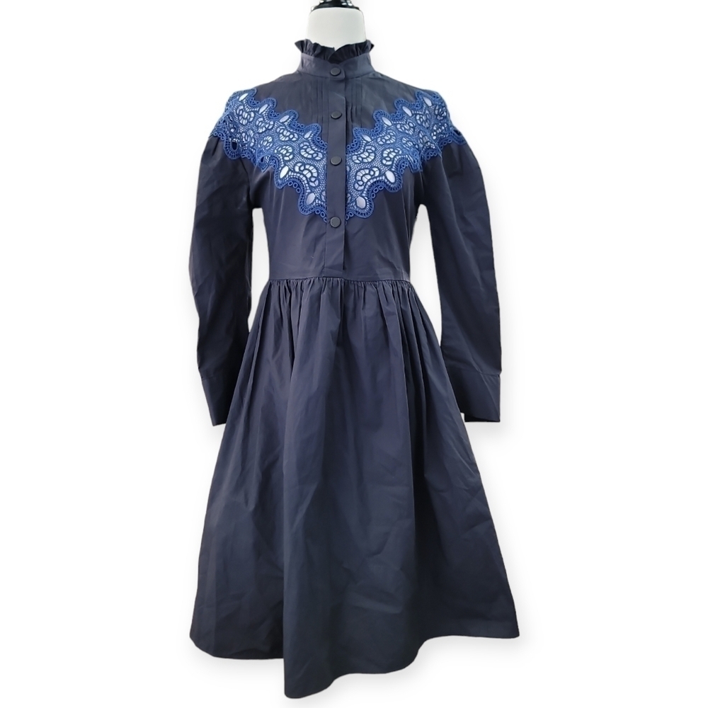 Sandro  Laura Guipure Lace-Trimmed Cotton-Poplin Mini Dress - Midnight B… - Picture 4 of 15